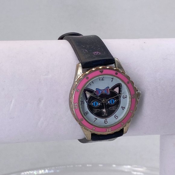 Lady  Accutime Watch Cat  Face Pink Metal Bezel Stainless Steel Snap Back - Picture 2 of 7